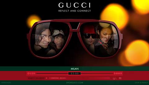 fig.: Screenshot guccieyeweb.com. Gucci invites users on the social media site to get in contact, to game and to meet each other. The uploaded images are framed by the eyewear and appear as reflection of the glasses. 