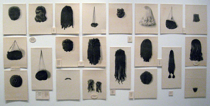 PERFORMANCE, POP, AND VIDEO ART IN ART SINCE THE 1960S: CALIFORNIA EXPERIMENTS AT OCMA 15 July 2007 – 14 September 2008. fig.: Lorna Simpson "Wigs" (Portfolio), 1994, Waterless lithographs on felt, Collection of the Orange County Museum of Art